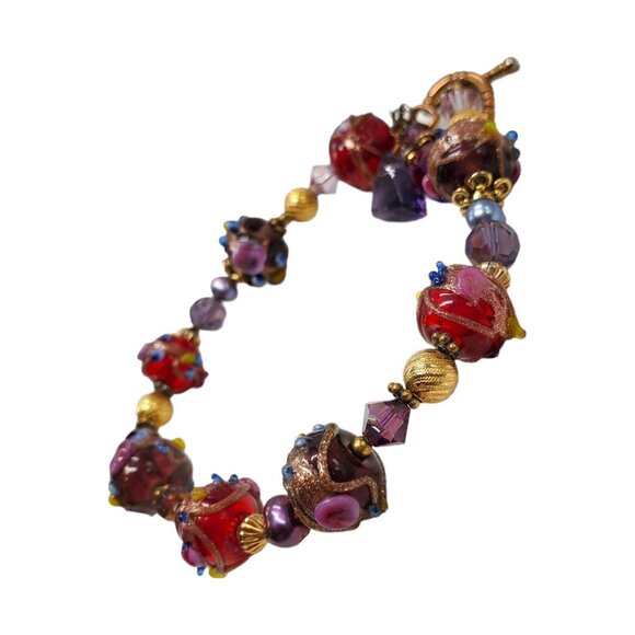 Artisan Wedding Cake Glass Bead Bracelet 22k Gold Filled Hand Blown Toggle Clasp - Picture 3 of 16